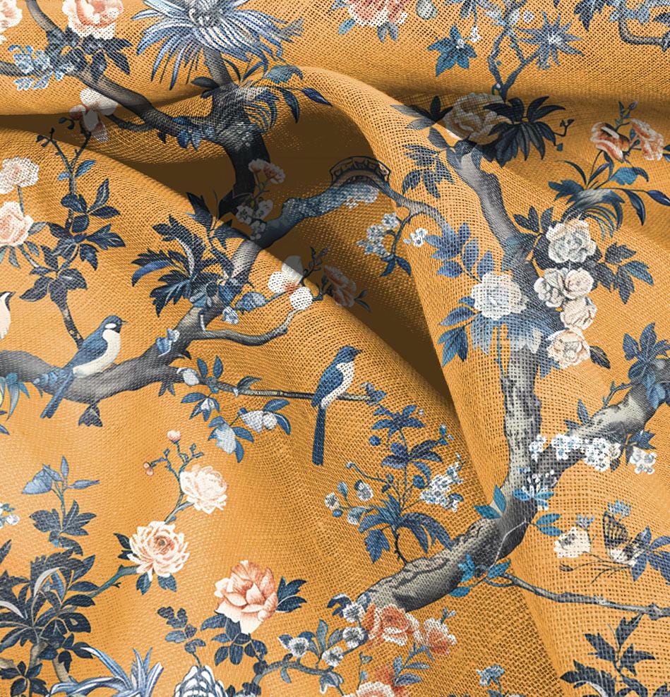 100% LINEN Fabric mustard toile de jouy print on linen, floral fabric with trees and birds, French linen floral upholstery