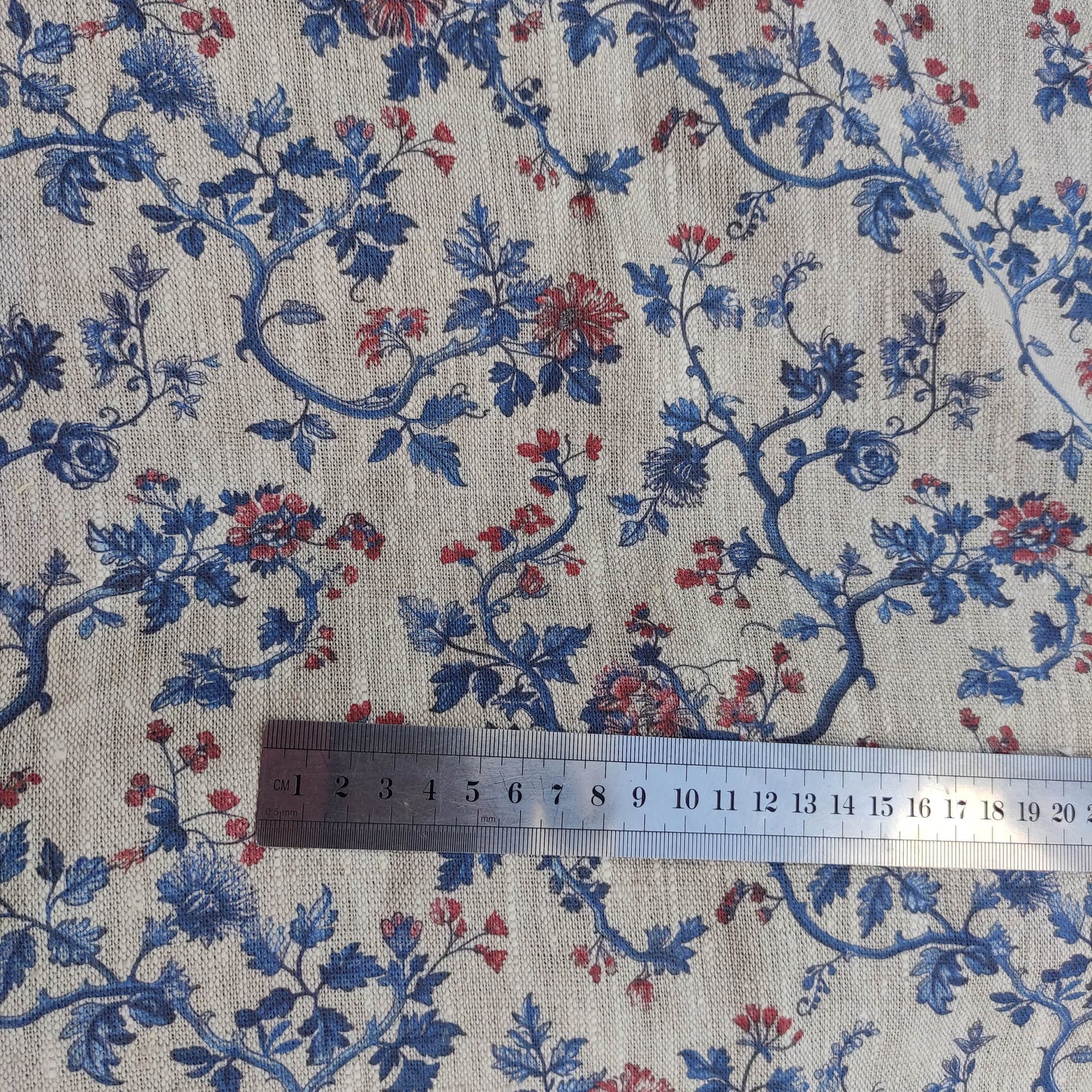 100% LINEN Fabric Toile de Jouy , white botanical fabric with blue indigo red print, French linen floral blossom 326