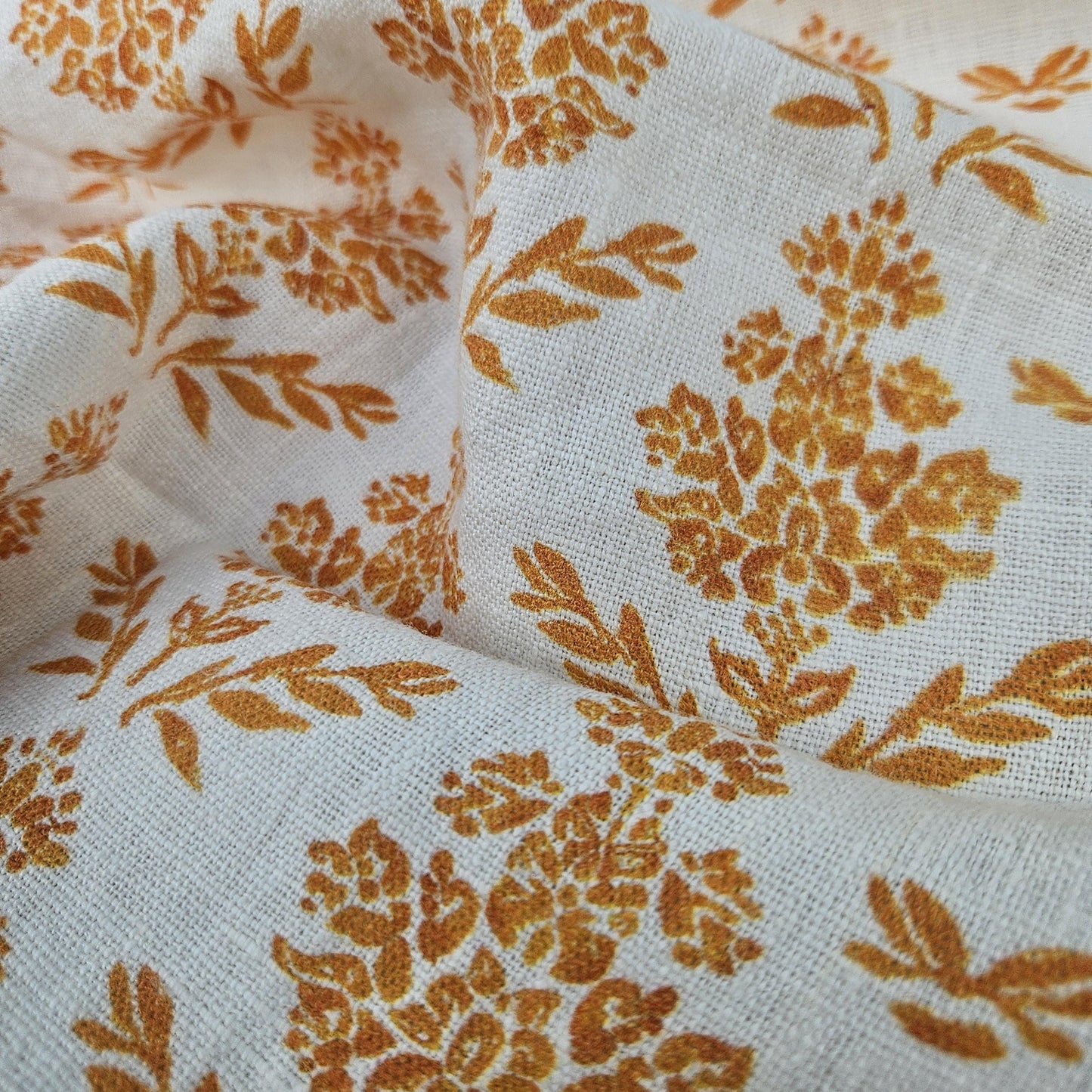 100% LINEN Fabric block print mustard yellow on white - heavy linen fabric for upholstery home decor or medium for clothing 2183