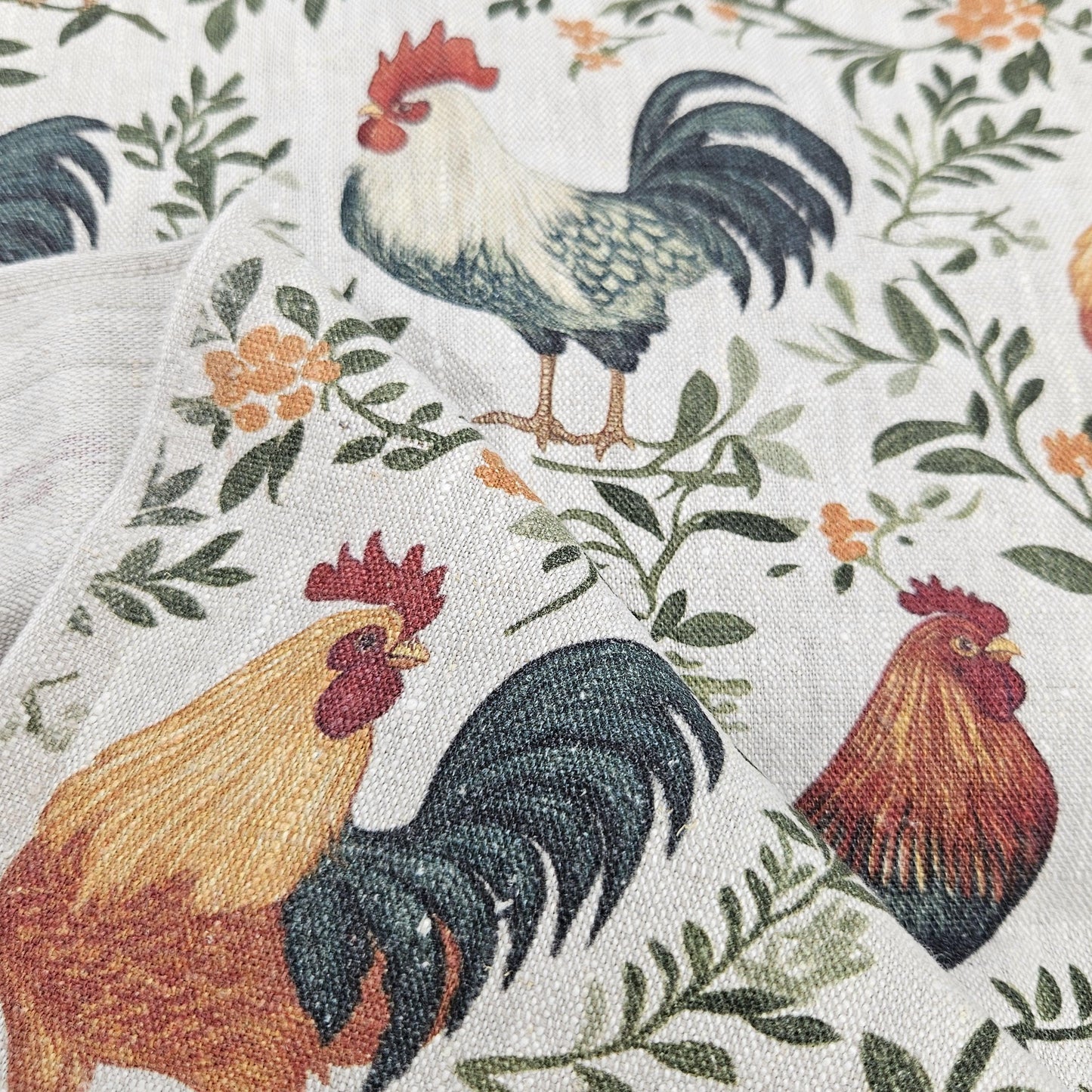 100% LINEN Fabric blue rooster farm on white linen - indigo blue countryside fabric for uphlstery heavy / medium for clothing 2266