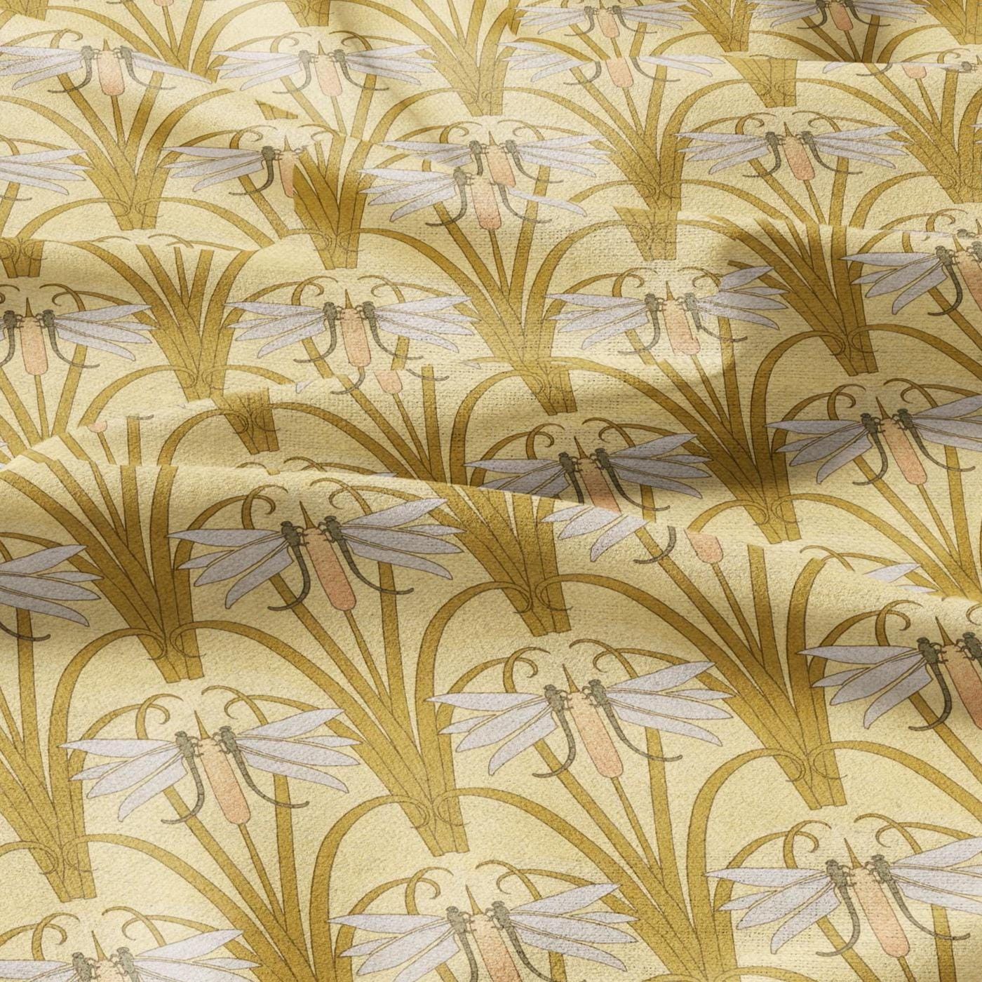 100% linen Art Nouveau Print fabric for Curtain Upholstery Cushion - Floral fabric DRAGONFLIES - fabric material for dress making sewing