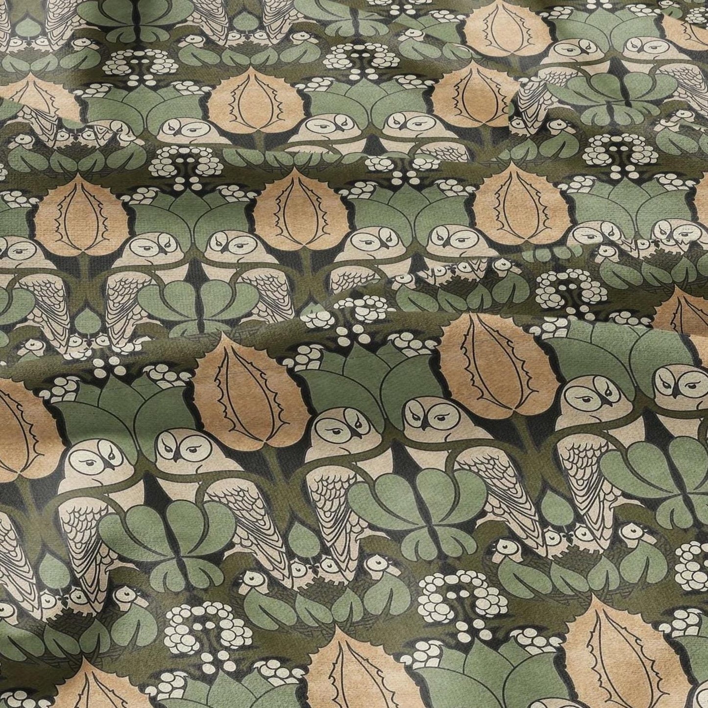 Owl Voysey green print on 100% LINEN - Victorian Art crafts linen Fabric - botanical Historical upholstery home textile