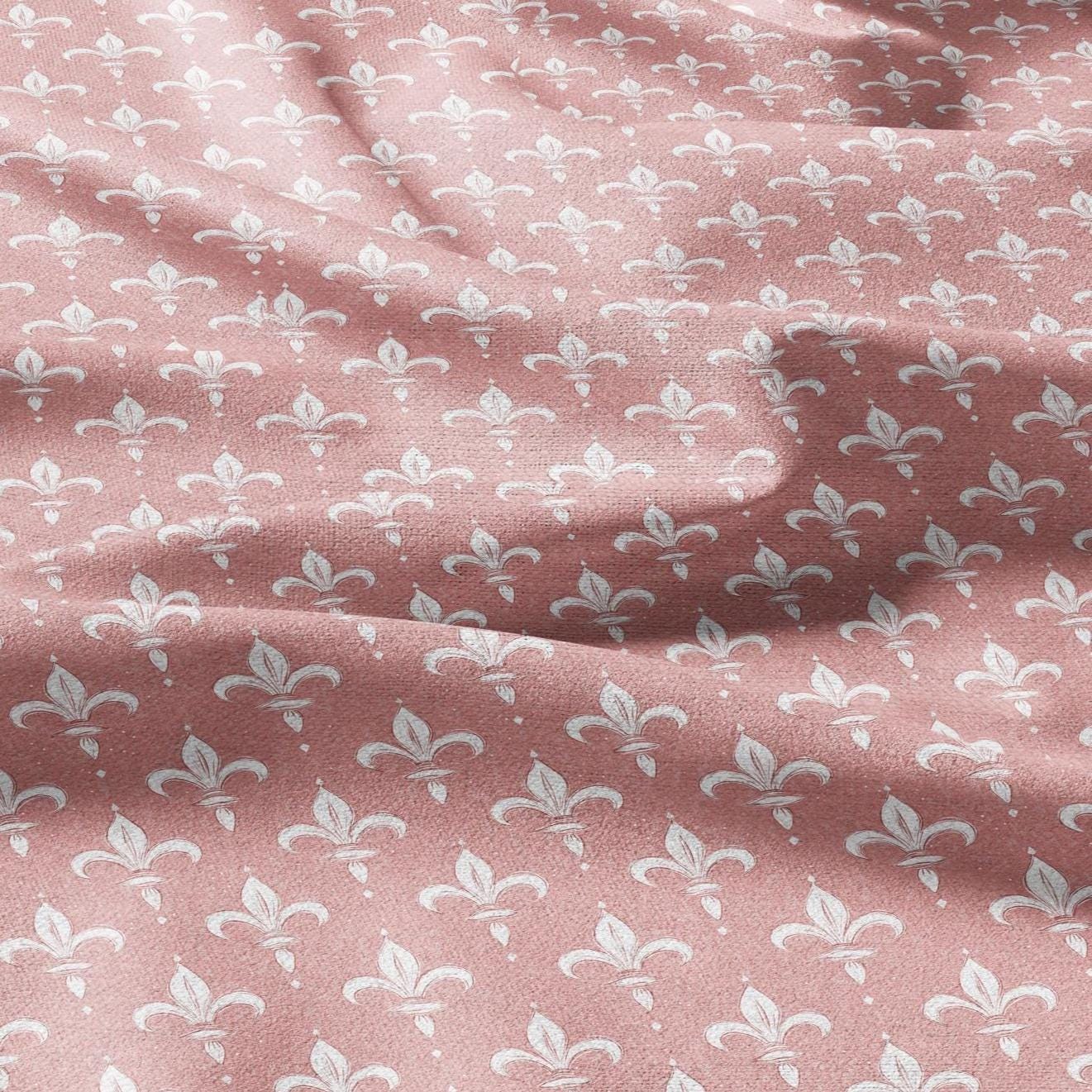 100% LINEN Fabric Fleur de lis print, linen fabric with pale pink french print, heavy linen fabric for upholstery home decor