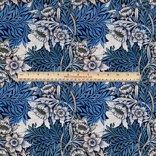 100% LINEN Fabric UPHOLSTERY 12oz - William Morris Blue tulips willow print on linen - Modern vintage Victorian historical pattern 2120
