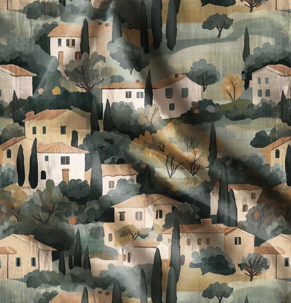 100% LINEN Fabric Tuscany landscape print, linen fabric with house and cypress tree print, heavy linen fabric for upholstery home decor