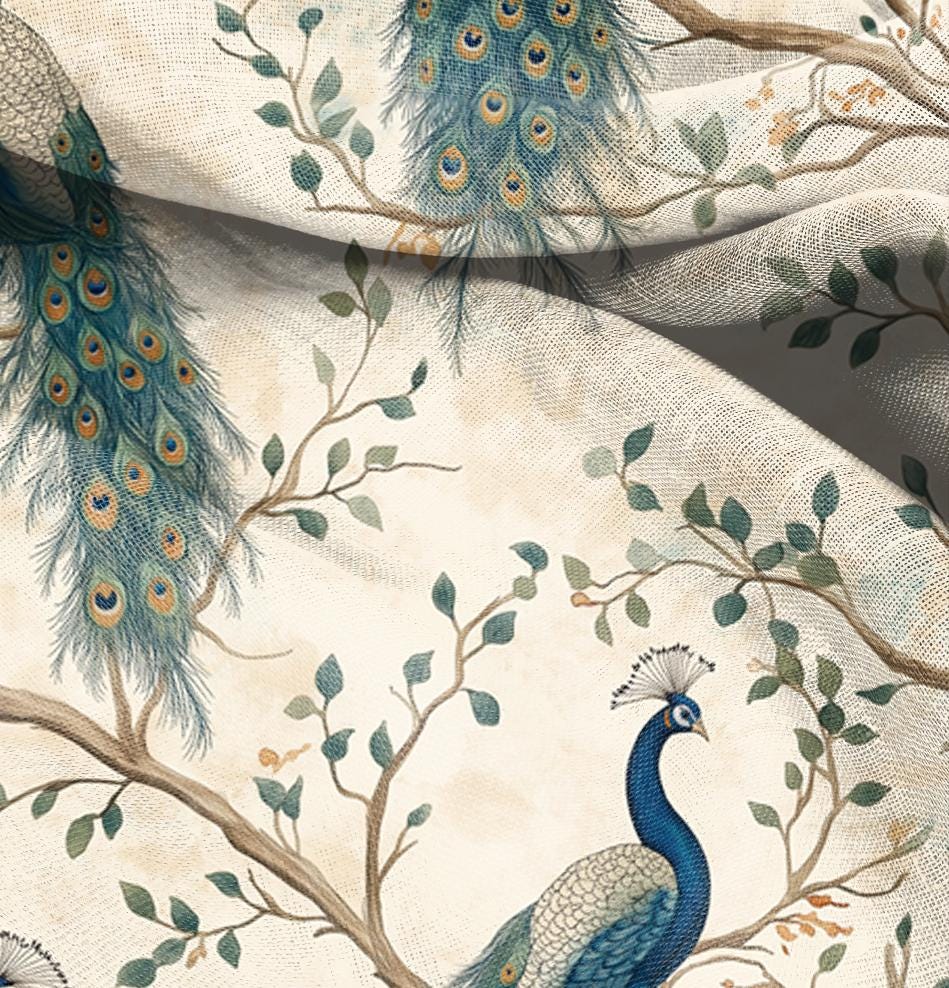 100% LINEN Fabric oriental pritn with peacock, linen fabric with botanical print, heavy linen fabric for upholstery home decor