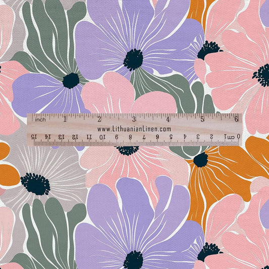 100% linen Retro flower Print fabric for Curtain Upholstery Cushion - Floral preppy pink purple - for dress making sewing 2704