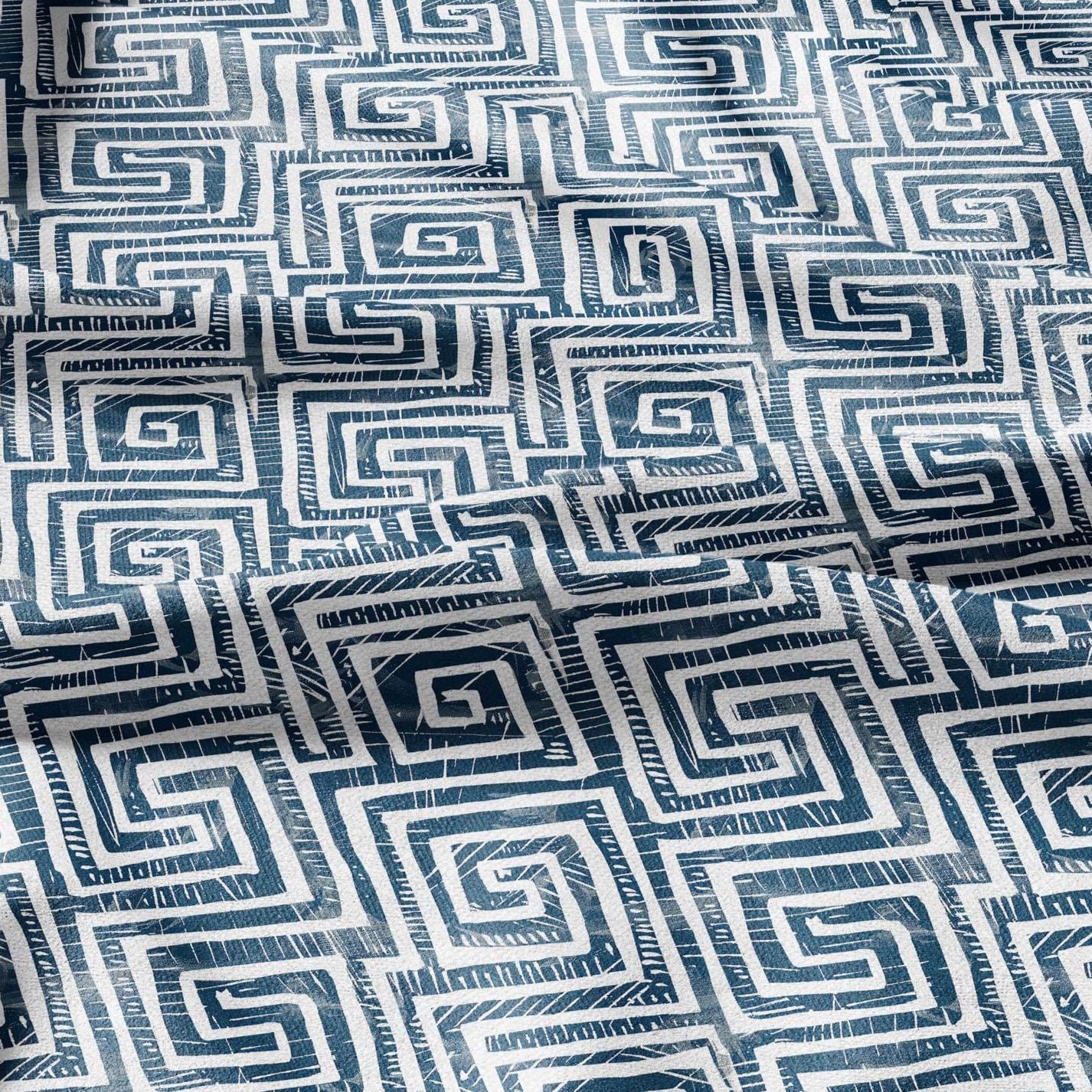 100% LINEN Fabric block Greek key Infinity print indigo blue on white - heavy linen fabric for upholstery home decor 2590
