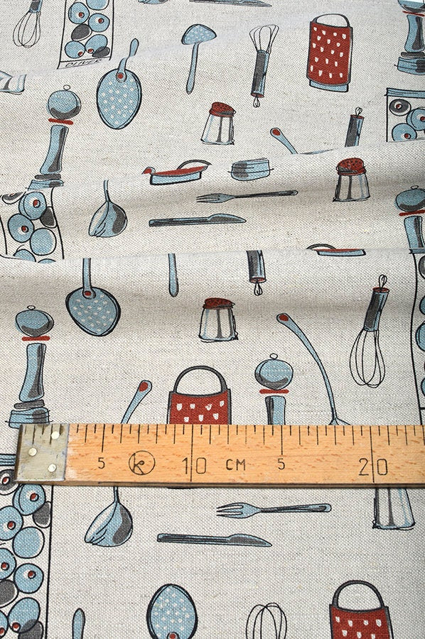 Linen fabric Coffee print Heavy weight 240gsm Kitchen tool print on flax cotton fabric for tablecloth, aprons, home textile