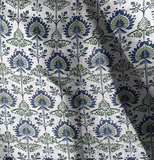 100% LINEN Fabric block print, linen fabric with indian blue floral print, heavy linen fabric for upholstery home decor
