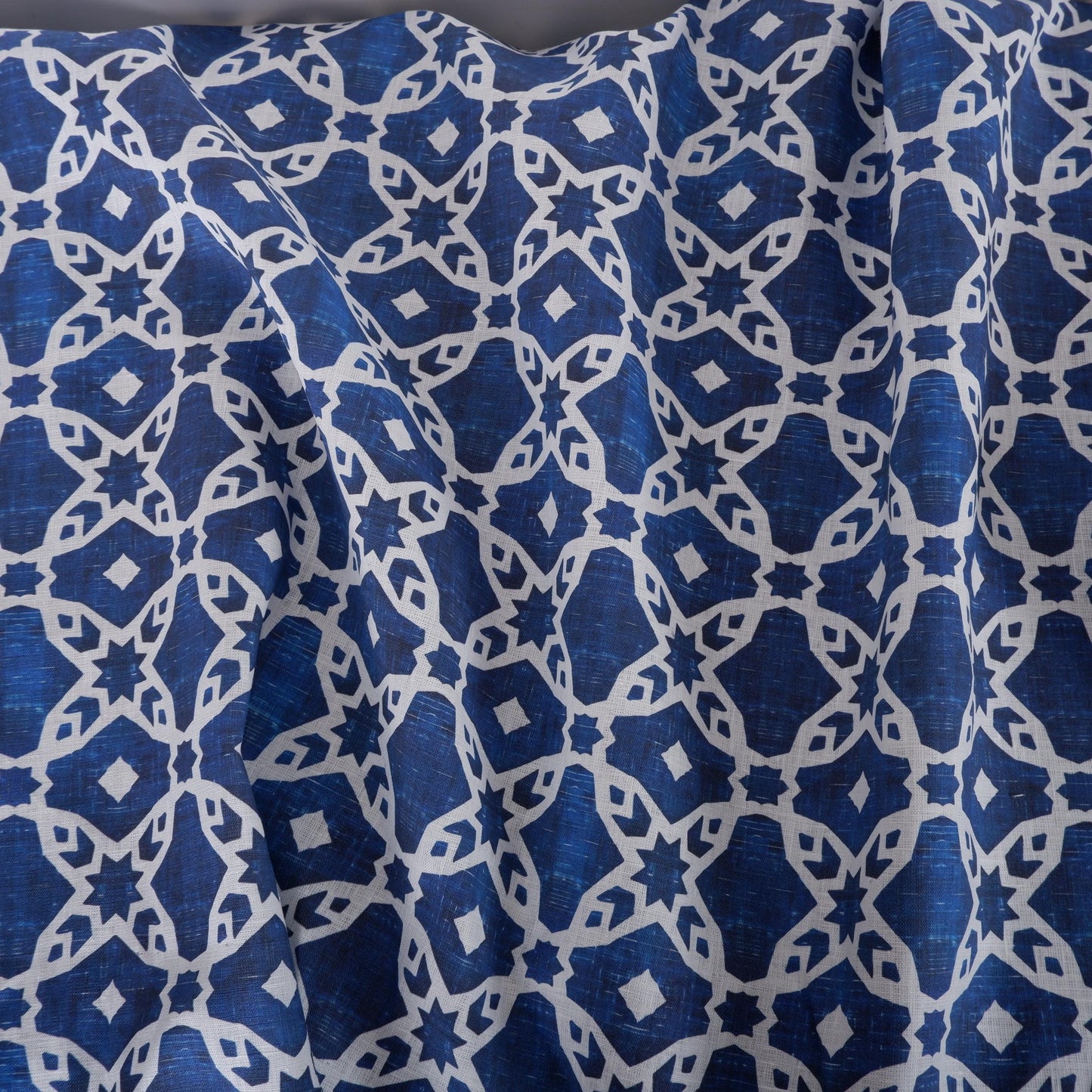 100% LINEN Fabric arabesque Abstract indigo blue - Oriental blue print on linen fabric for upholstery curtains dress making ARABESCA