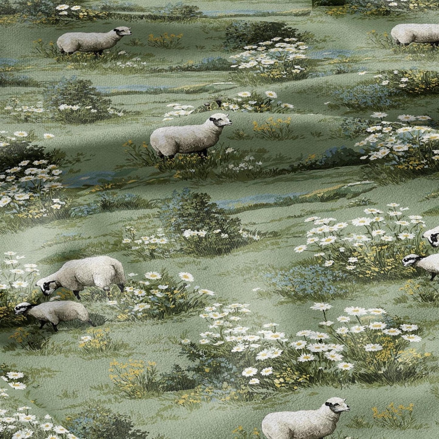 100% LINEN Fabric Sheep in fields white - green white meadow fabric print - Pastoral style French Nursery fabric 2003