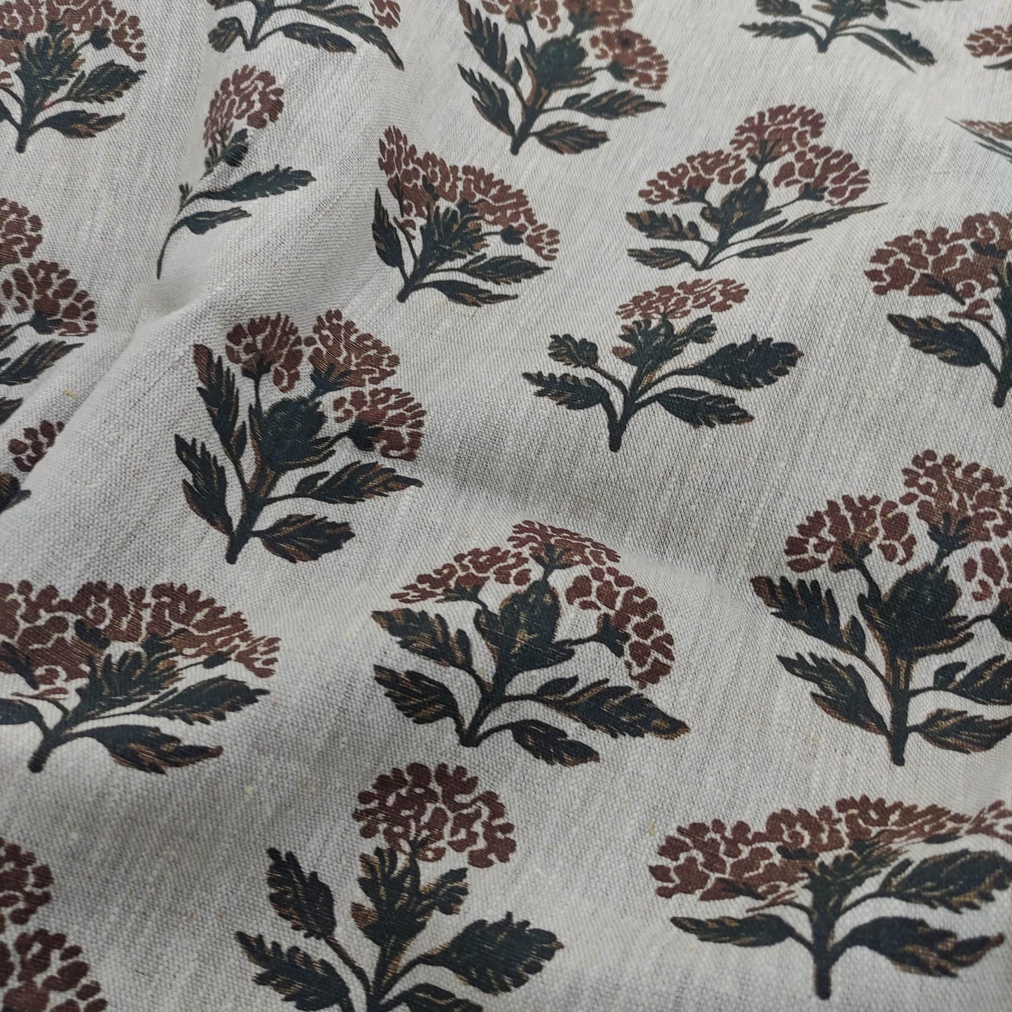 100% LINEN Fabric hand block print flowers - oatmeal linen fabric with black brown print Achillea - fabric for home decor upholstery