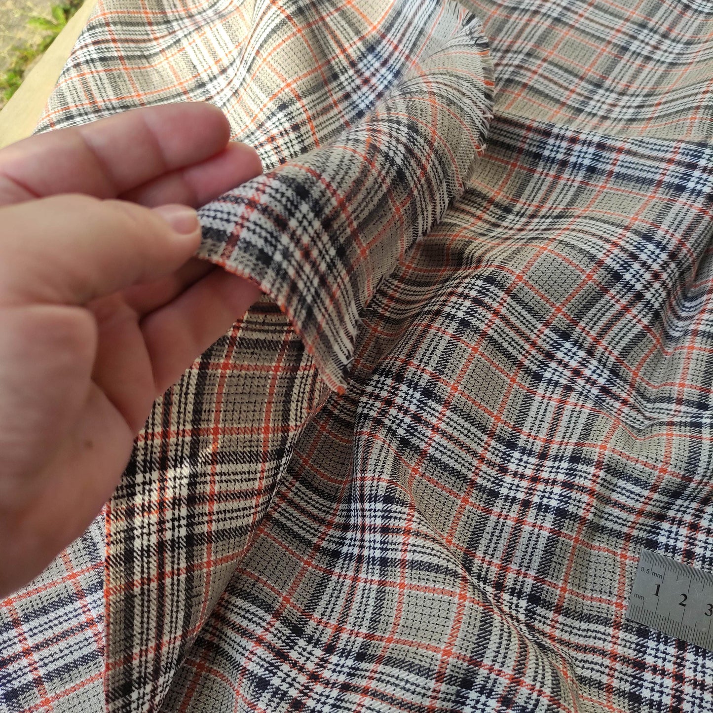 Premium Linen checked Fabric in black natural brown linen | malmo check Medium weight natural black brown