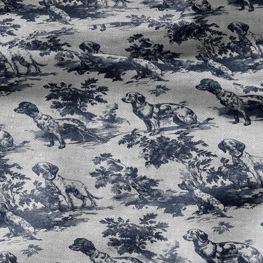 100% LINEN Fabric toile de jouy dog navy blue gray print - Modern vintage fabric - upholstery home decor sewing clothing 2341
