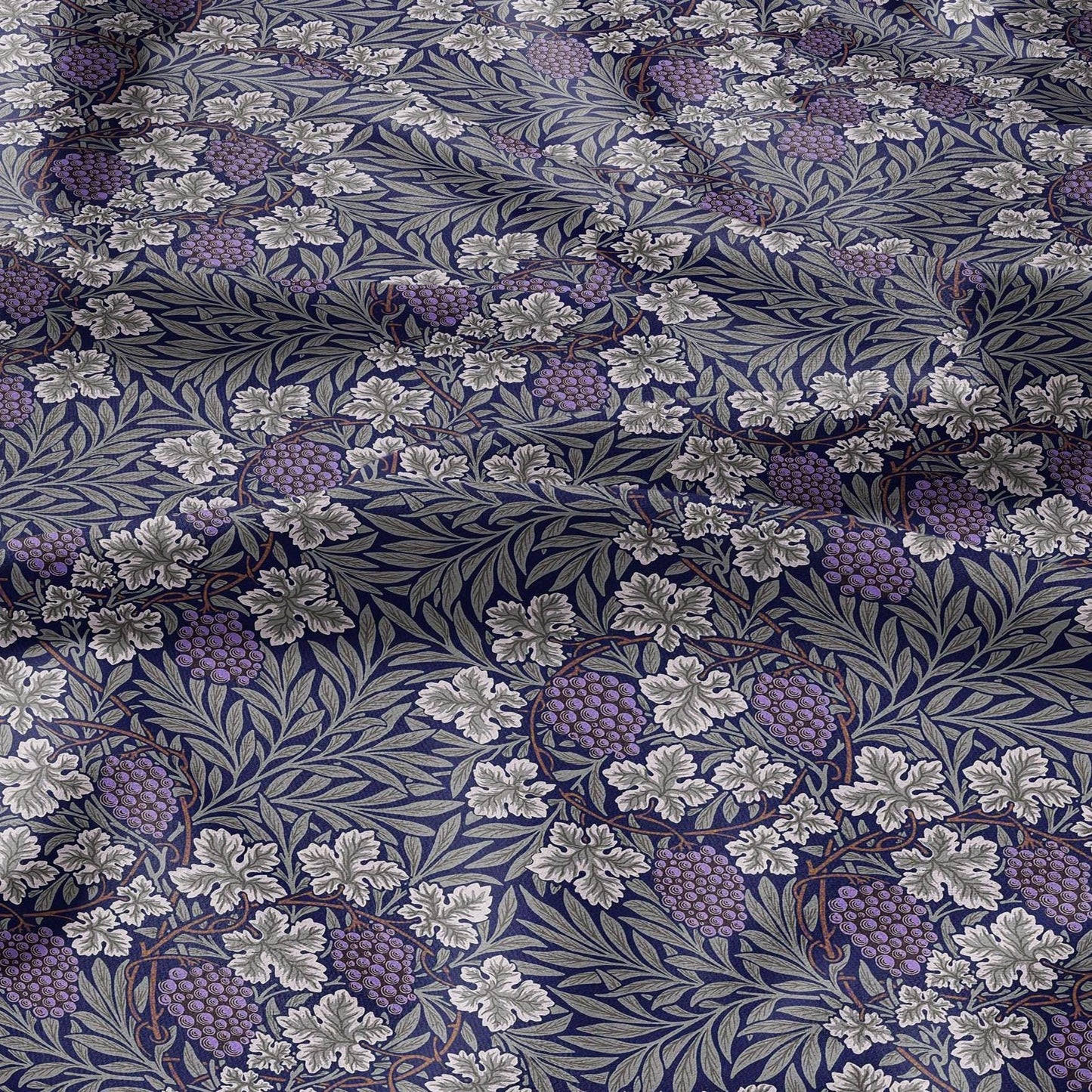 100% LINEN Fabric wine grapes purple from William Morris, Victorian fabric with blue floral print for upholstery home decor in Linen