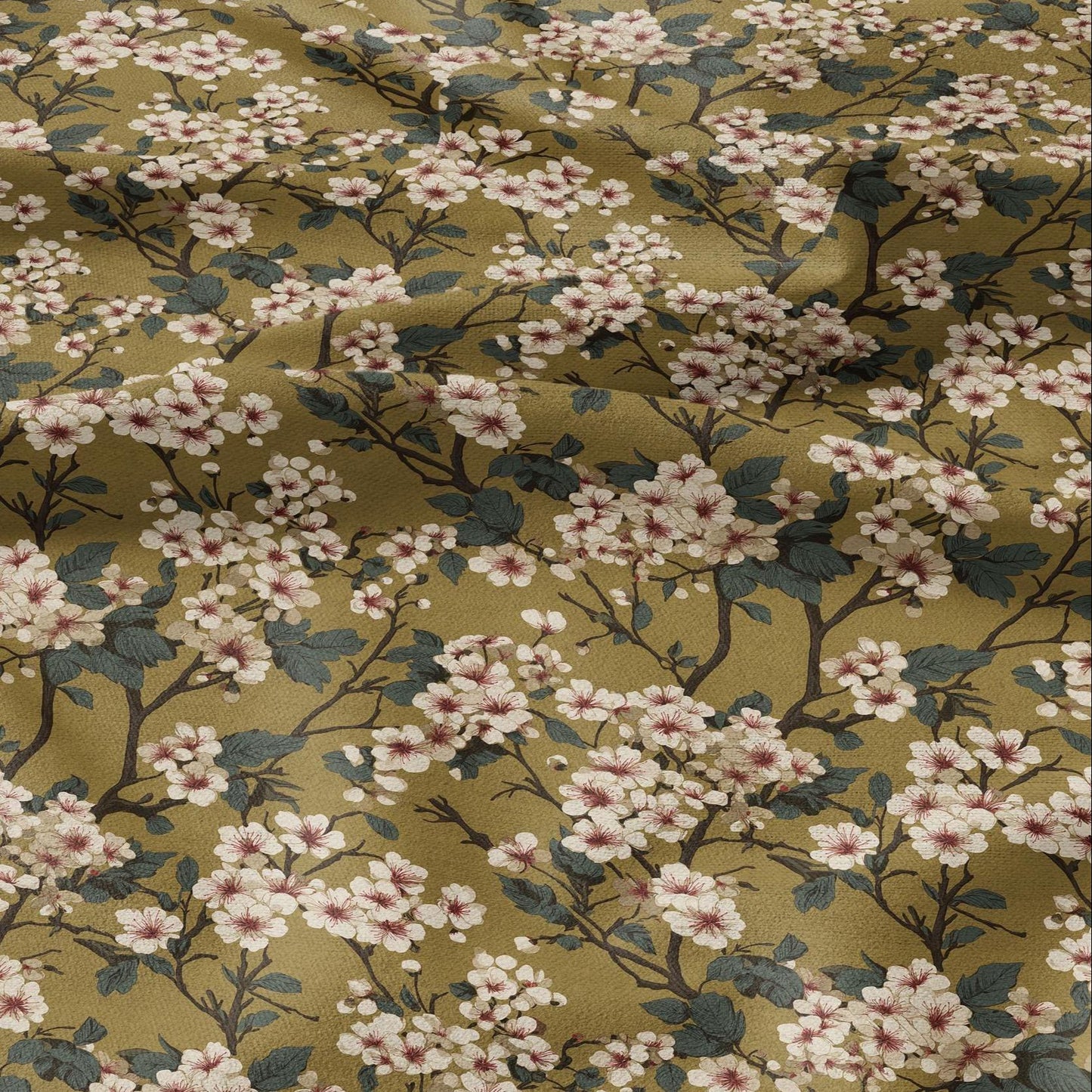 100% LINEN Fabric English flower print - mustard yellow beige floral print on white - heavy linen fabric for upholstery home decor 2612
