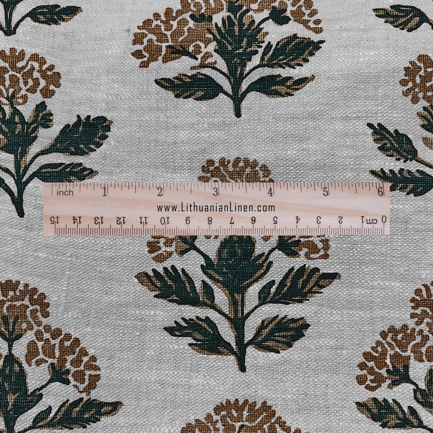 100% LINEN Fabric hand block print flowers - oatmeal linen fabric with black brown print Achillea - fabric for home decor upholstery