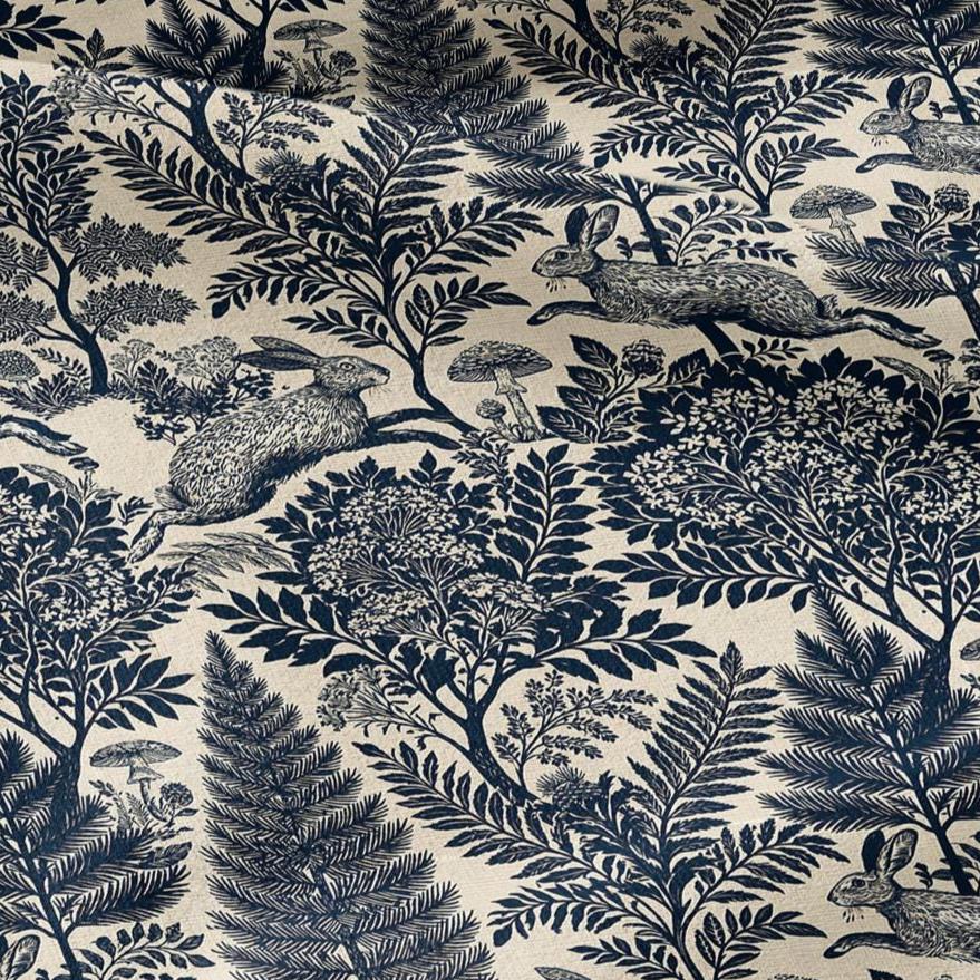 100% LINEN Fabric Woodland - Navy blue beige floral print with Rabbit bunny Neutral Fabric by the Yard by LithuanianLinen 3871