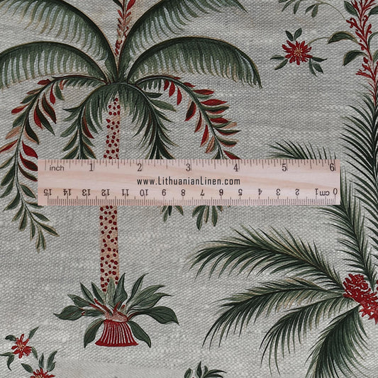 100% LINEN Fabric Palm tree print flowers - oatmeal linen fabric art deco print - fabric for home decor upholstery
