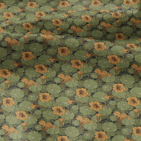 100% linen Nasturtium prints fabric for Curtain Upholstery Cushion - Art deco orange flower print fabric for dress making sewing