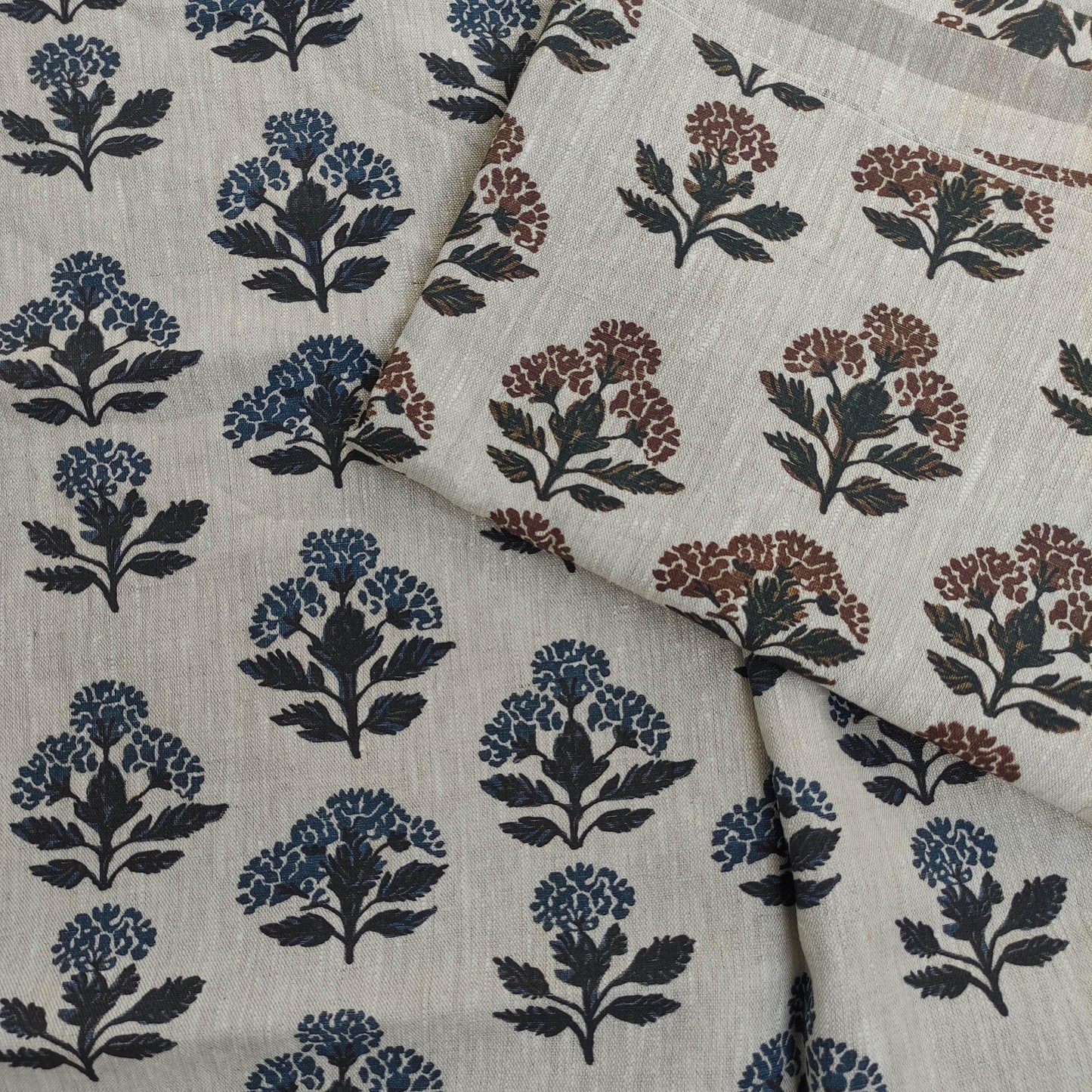 100% LINEN Fabric hand block print flowers - oatmeal linen fabric with blue green print Achillea - fabric for home decor upholstery