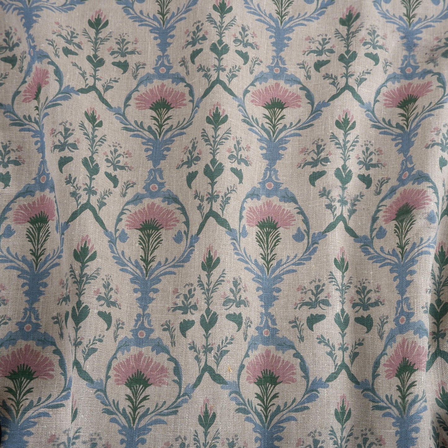 100% LINEN Fabric pink blue block print on oatmeal natur linen, floral toile de jouy fabric, French linen floral upholstery 2254