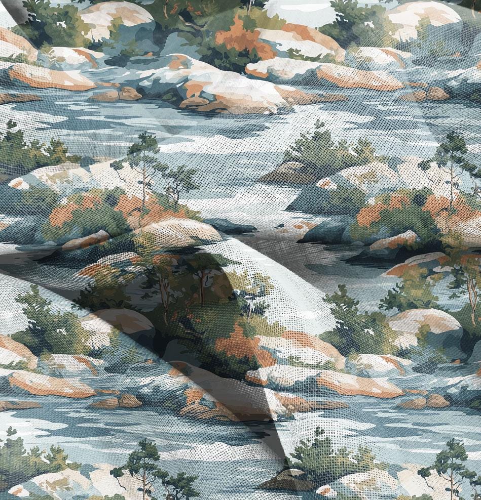 100% LINEN Fabric Stony island print, oatmeal natur linen fabric with blue floral print, heavy linen fabric for upholstery home decor