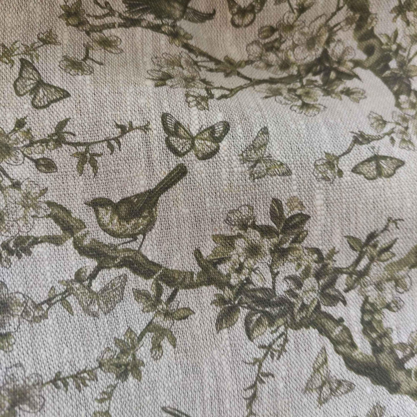 100% LINEN Fabric Toile de Jouy green, oatmeal natur linen fabric with green print, French linen fabric upholstery trees branches with birds