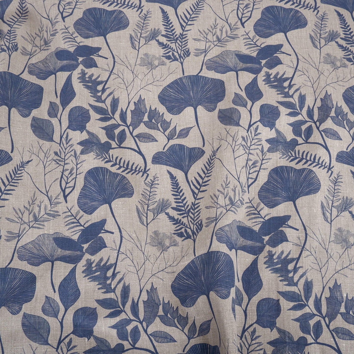 100% LINEN Fabric BLUE floral leaves print 2218