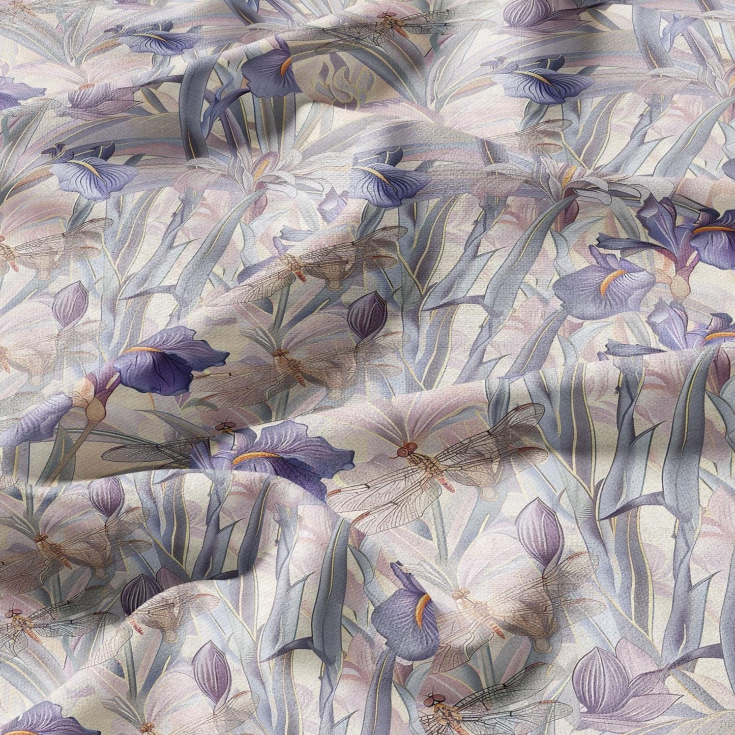100% LINEN fabric pastel Iris dragonflies print - botanical linen Fabric for upholstery home textile dress making 2028