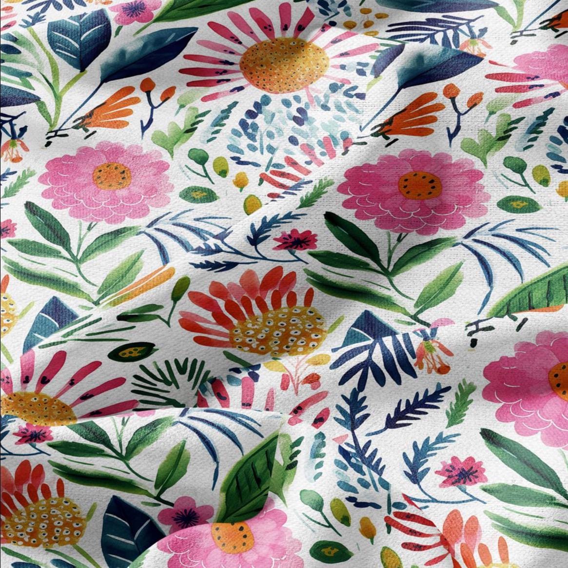 100% LINEN Fabric block print colorful bold flowers - Scandinavian Modernism floral print - heavy for upholstery medium for dressmaking 2029