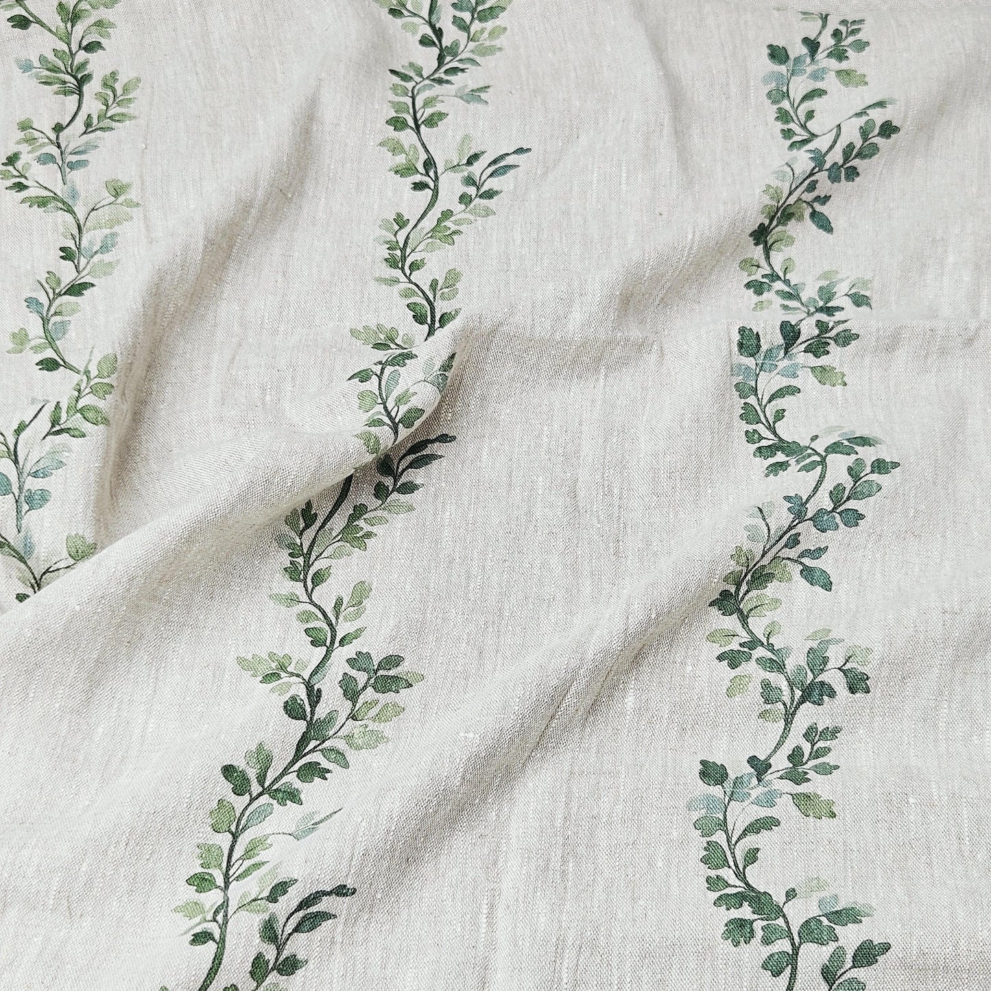 100% LINEN Fabric Striped floral print - block print green leaves on oatmeal linen for upholstery curtains dress making 2668