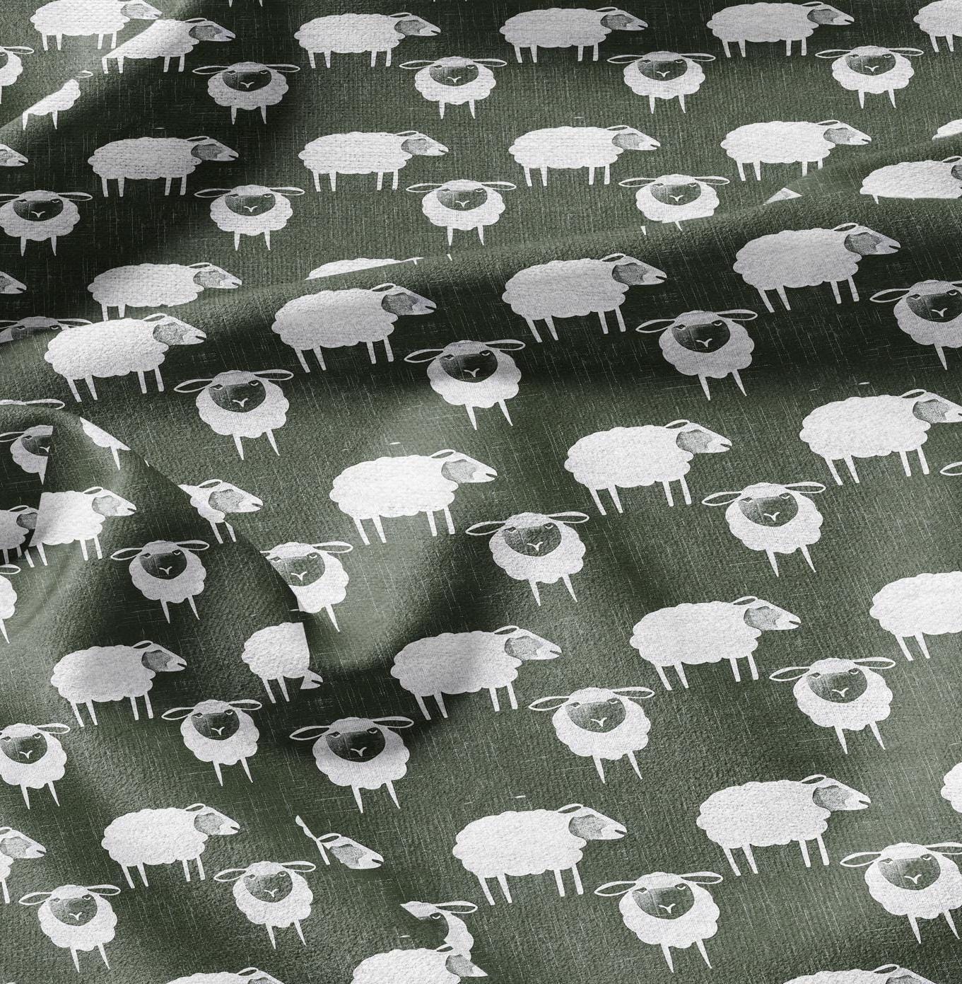 100% LINEN Fabric Sheep green white - white graphic fabric print - Scandinavian linen Modern Nursery fabric