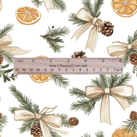 100% LINEN Fabric Christmas print - modern vintage fir orange bow fabric for upholstery or home decor 2824