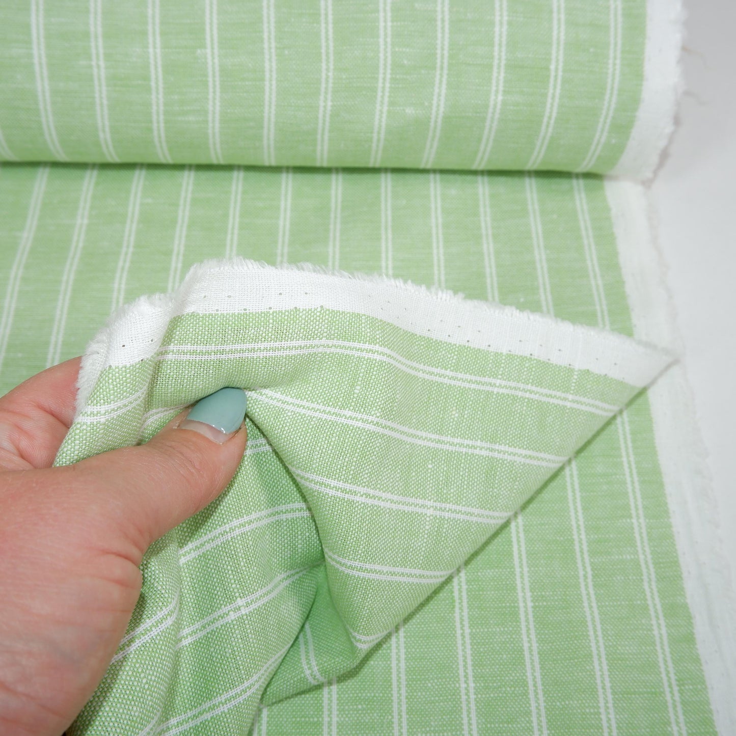 Premium Linen striped Fabric in pale green | Medium weight multicolor stripes Padua pinstripe for clothing home textile