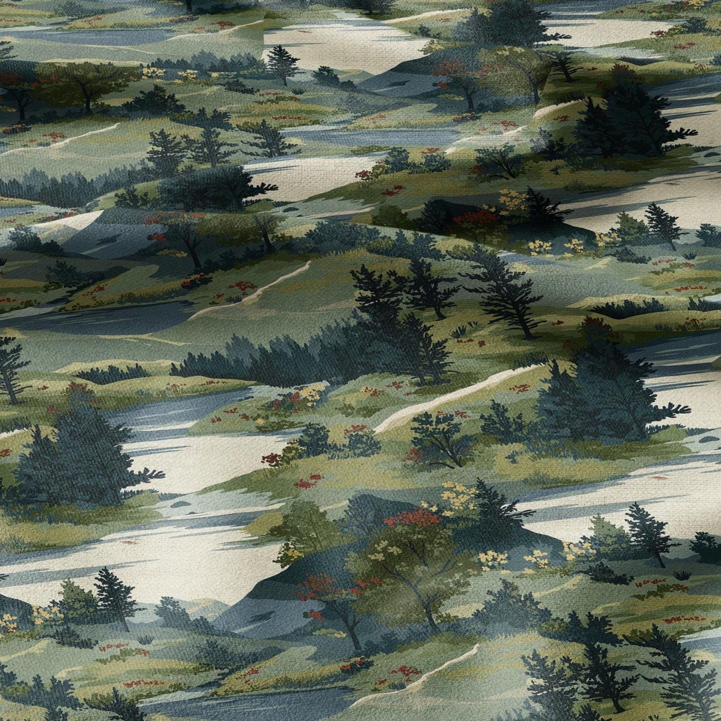 100% LINEN Fabric Scandinavian forest scenery - greenlandscape print - heavy linen fabric for upholstery home decor tablecloth 2921