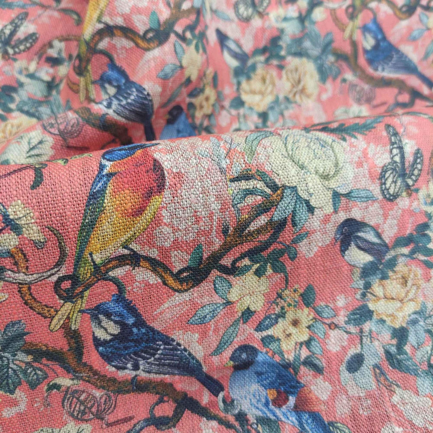 100% LINEN Fabric Toile de Jouy with flowers and birds, pink botanical print linen fabric for home decor upholstery