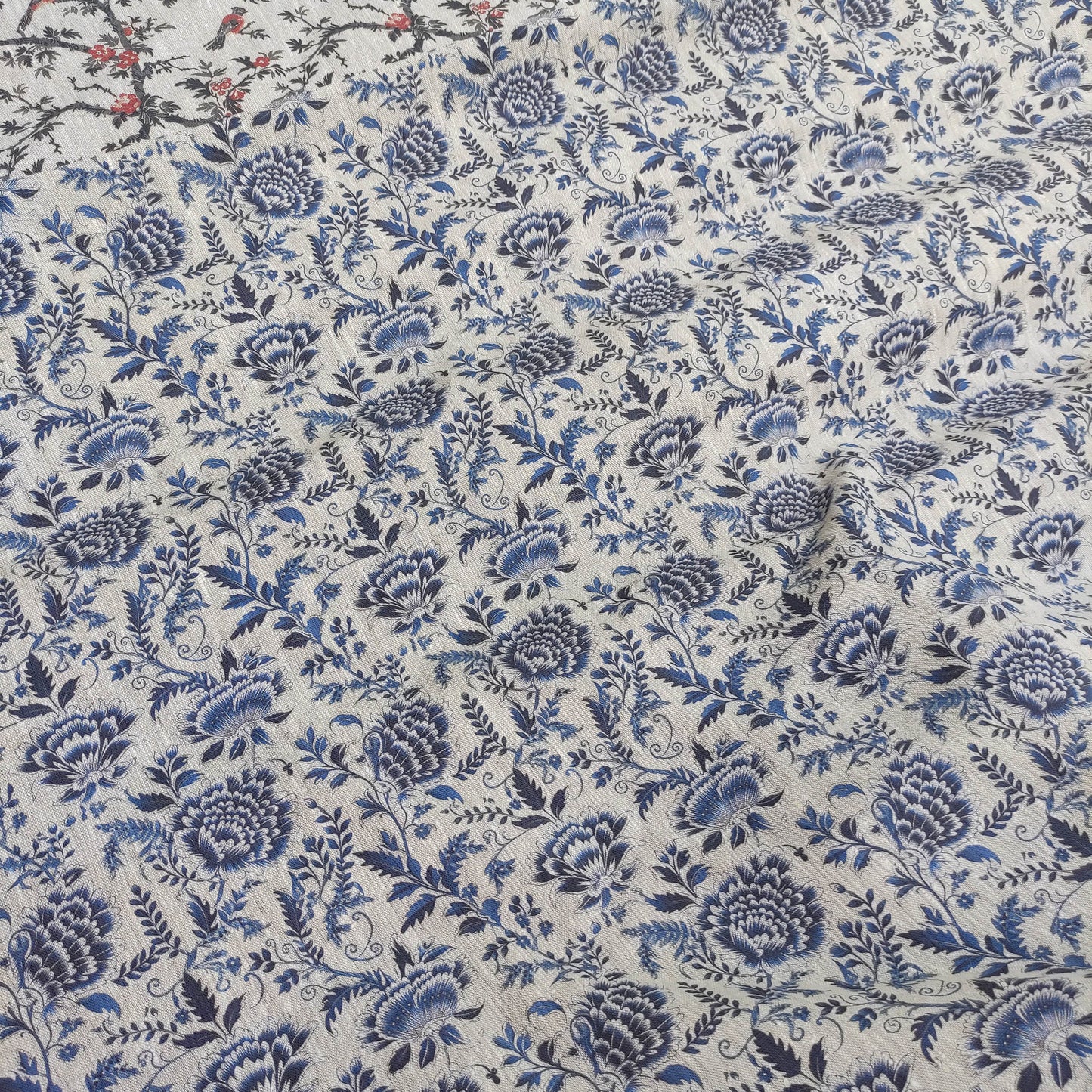 100% LINEN Fabric indigo blue on oatmeal natur linen, white botanical chinoiser fabric, French linen floral