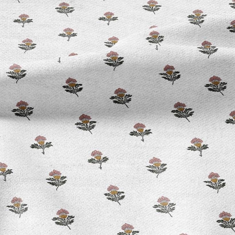 100% LINEN Fabric block print green red on white - linen fabric with floral print -heavy linen fabric for upholstery home decor