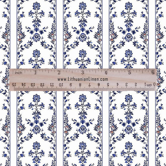 100% LINEN Fabric stripe print blue indigo flower linen - floral fabric for upholstery home decor dress making 2390