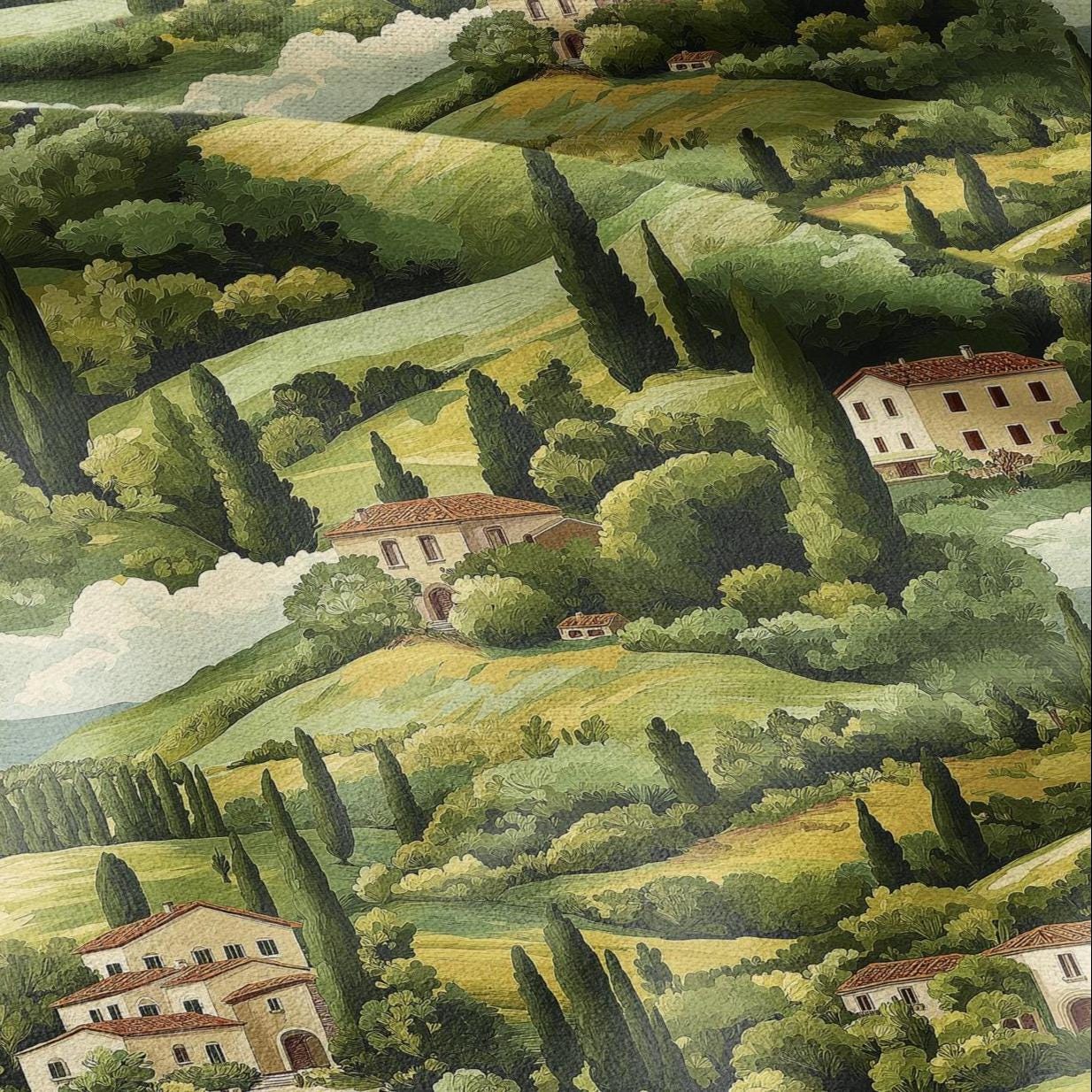 100% LINEN Fabric Italian Tuscany scenery, linen fabric with green print, heavy linen fabric for upholstery home decor tablecloth