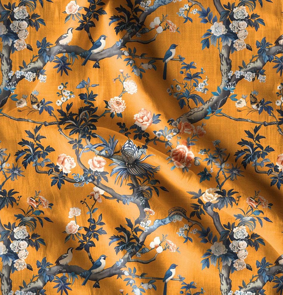 100% LINEN Fabric mustard toile de jouy print on linen, floral fabric with trees and birds, French linen floral upholstery