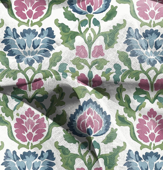 100% LINEN Fabric floral print on linen, Botanical fabric with large flowers in pink blue green for upholstery curtains home textile 2646