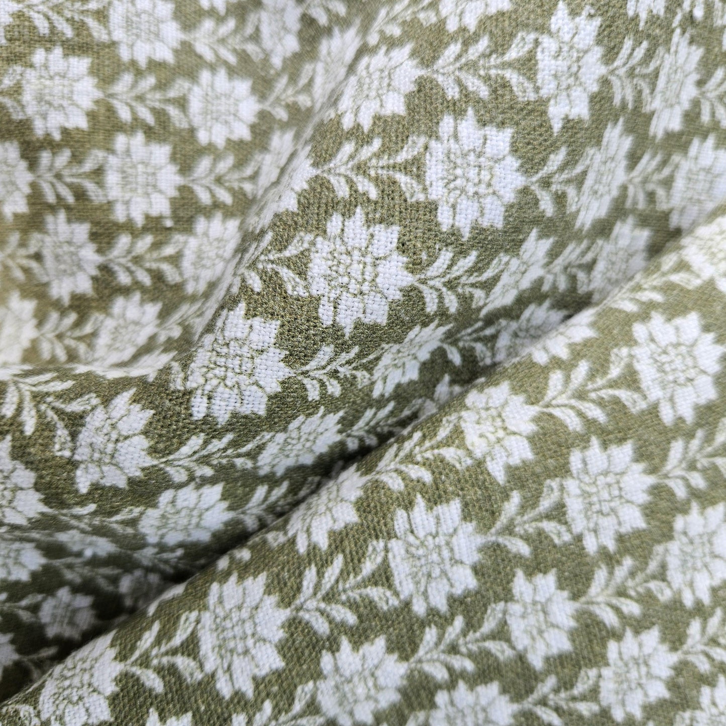100% LINEN Fabric block print olive green on white - heavy linen fabric for upholstery home decor or medium for clothing 2512