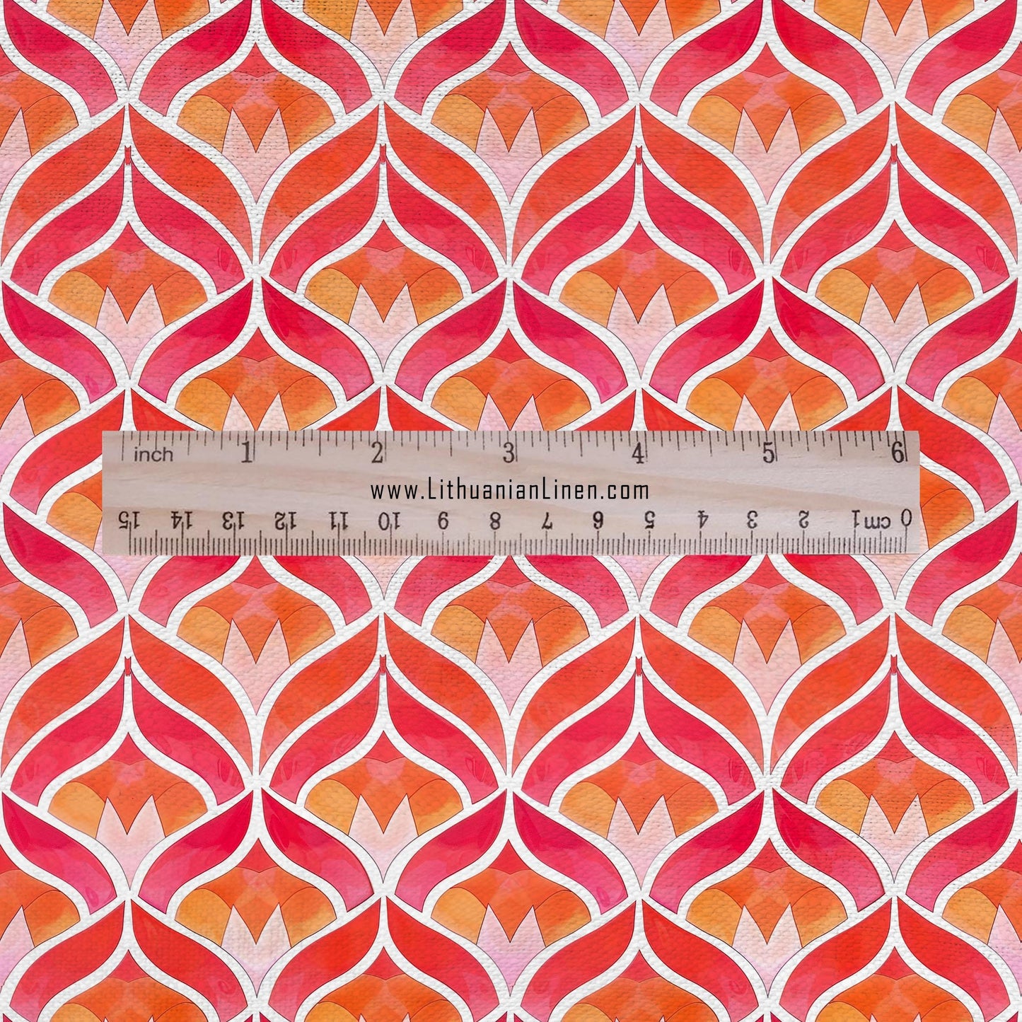 100% LINEN Fabric Geometric pink floral print - mid-century modern on oatmeal linen for upholstery curtains dress making 2655