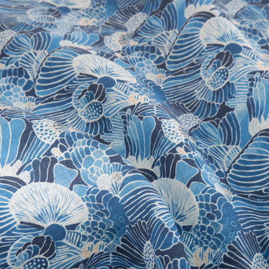100% LINEN Fabric block print indigo blue white Japandi Sensu - Japanese fabric with abstract fan print linen upholstery dressmaking sewing
