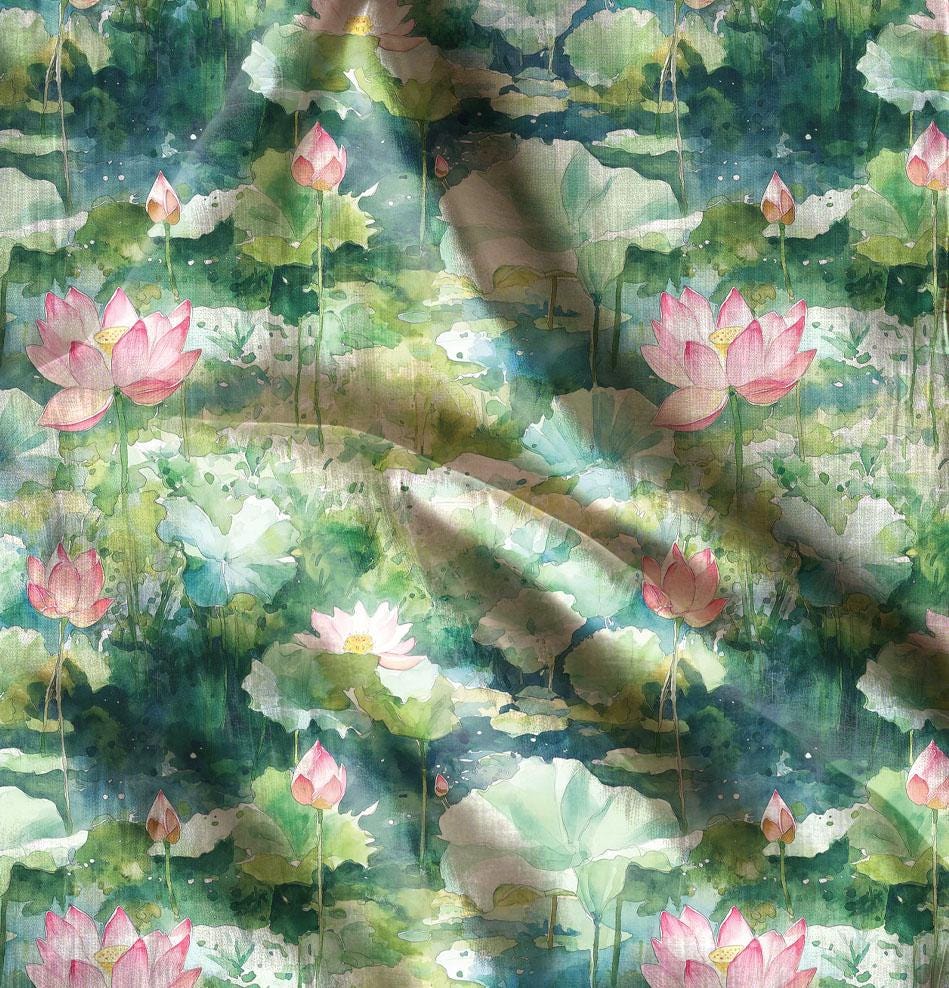 100% LINEN Fabric Waterlilly , linen fabric inspired by Monet Paintings Water Lilies , heavy linen fabric for upholstery home decor