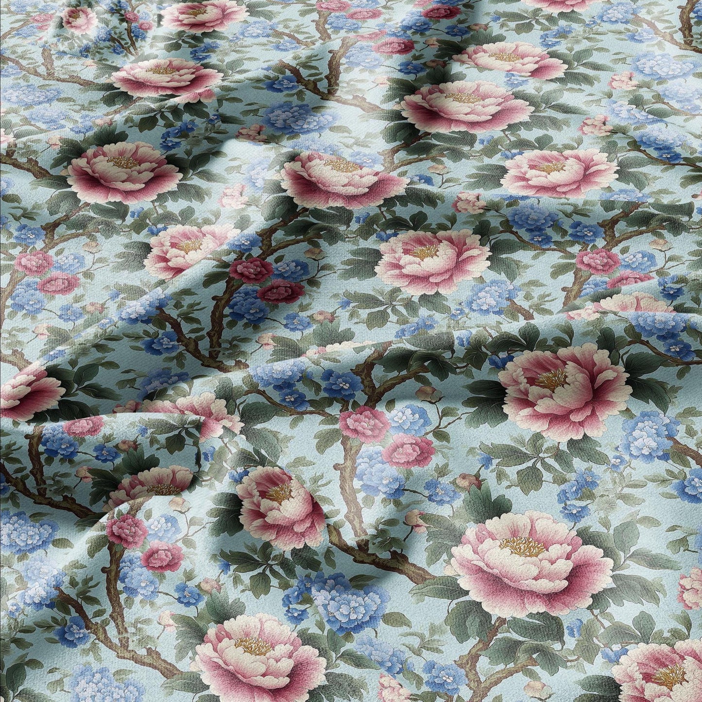 100% LINEN Fabric Chinoiserie Peony print - modern contemporary print on linen fabric upholstery dress making curtains
