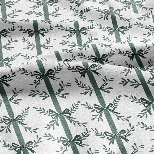 100% LINEN Fabric Green bow block print on white - heavy linen fabric for upholstery home decor or medium for dress making 2129